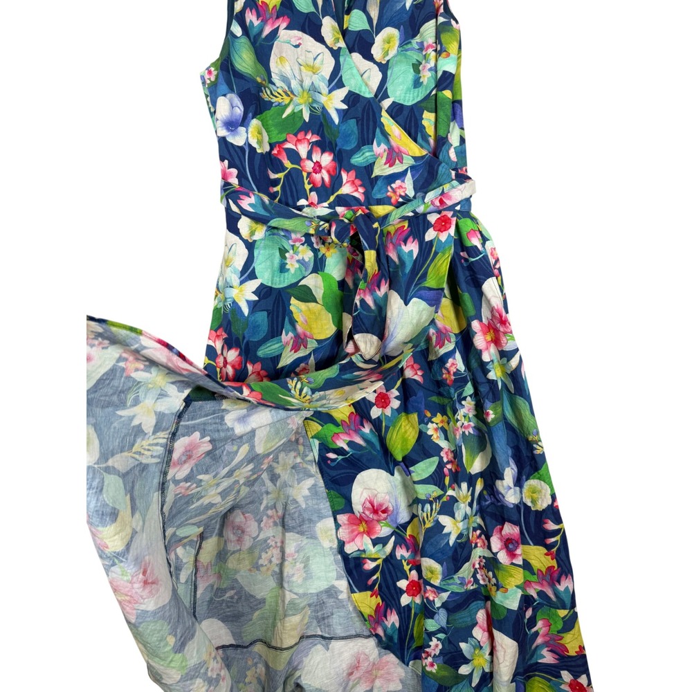 J.McLaughlin Mirimar Maxi Dress M Blue Floral Linen Blend Sleeveless Faux Wrap - Picture 5 of 11